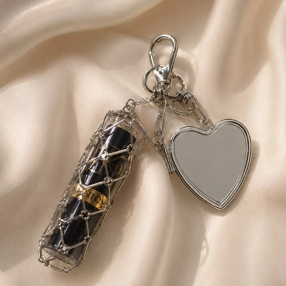 Zara Silver Heart Mirror & Lipstick Charm Keychain
